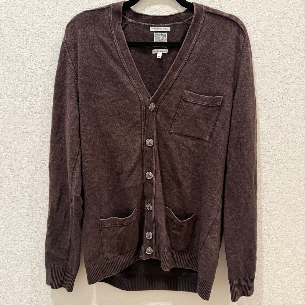 Robert Graham Mens Brown V-Neck Button Front Cardigan Sweater Made in Italy M